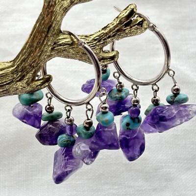 Sterling Silber Amethyst Türkis Stein Creolen signiert ATI durchbohrt