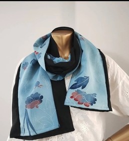 Handmade Japan Kimono Pure Silk Scarf Stole Floral Black Blue 2Way Upcycled