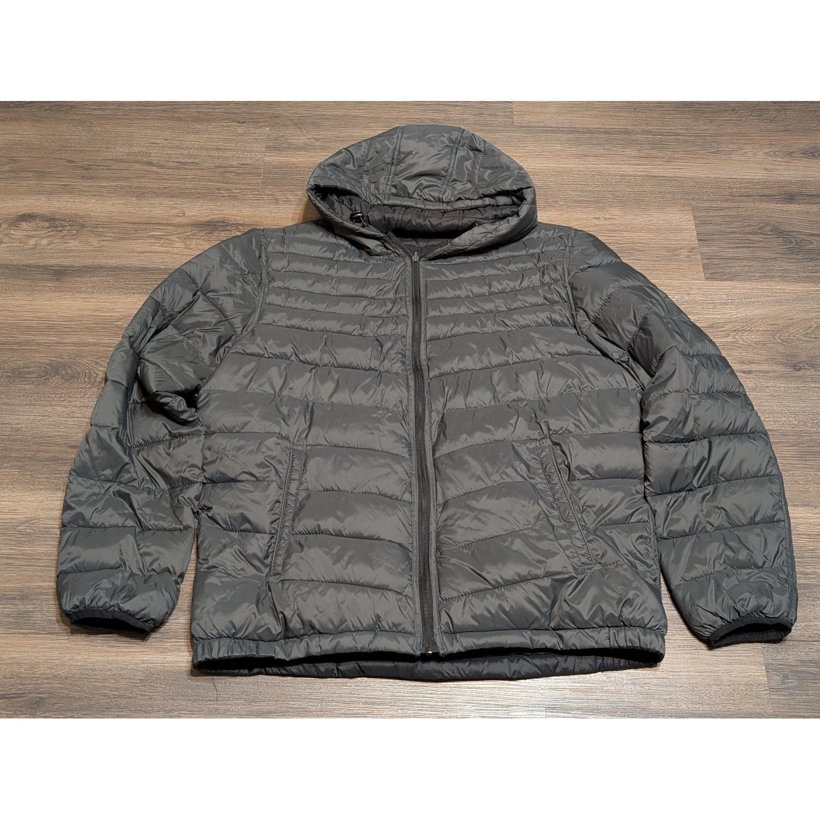 GUESS Puffer Jacket Hooded Reversible Full Zip Gray Quilted Lightweight Mens XL