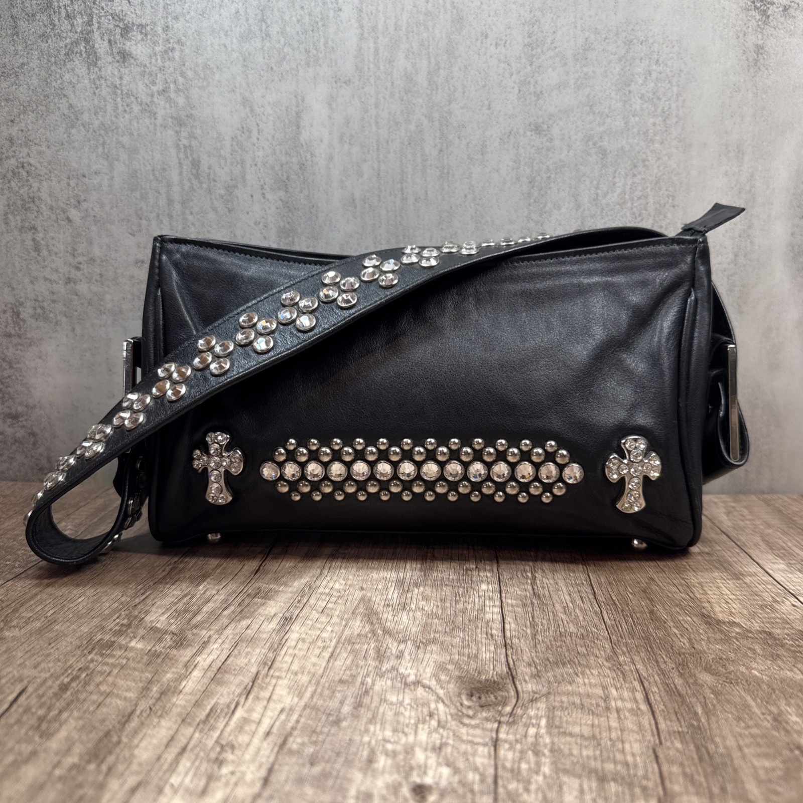 BB Simon Western Cross Black Leather Shoulder Bag Swarovski Crystal Studded