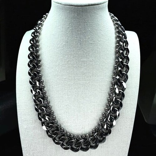 Gun Metal Statement Links & Beads Chain Necklace 18 in. Toggle Clasp Dark Grey