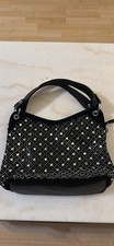Black Medium Crescent Shoulder Bag, Silver Studded Accents, Lined Formal Purse