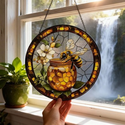 Honey bee glass suncatcher window hanging stained glass style gift