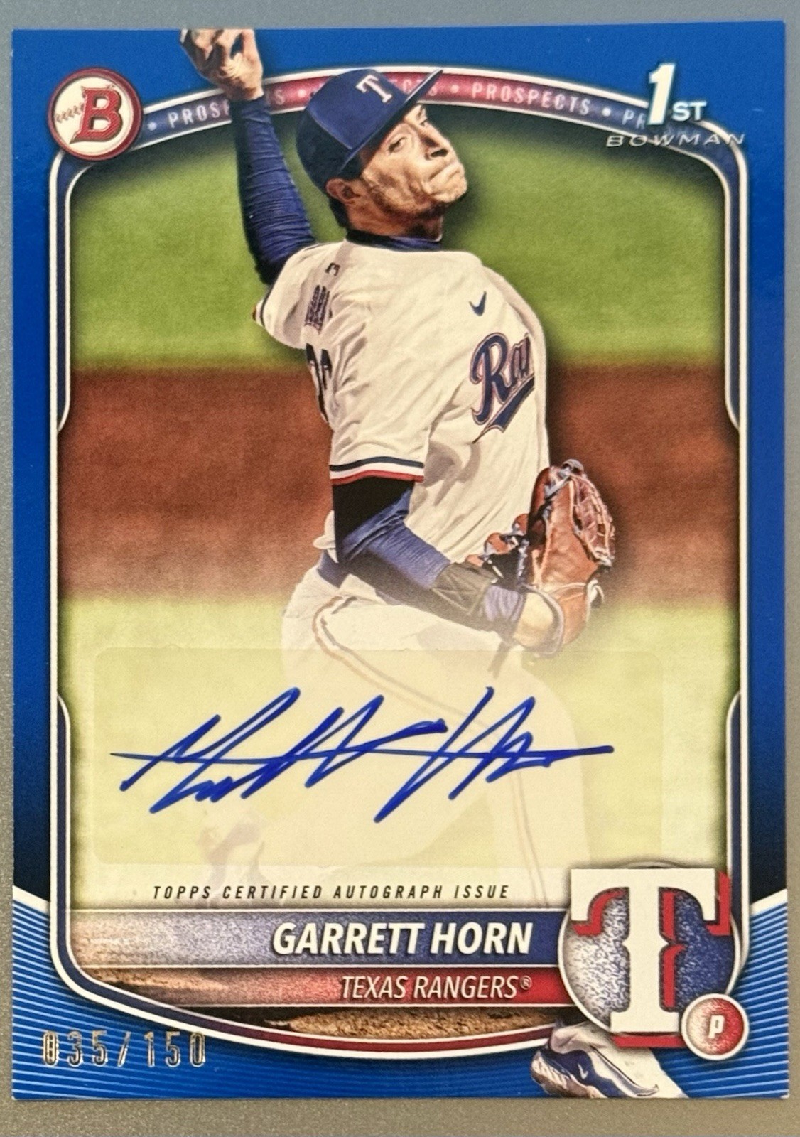 2025 Bowman 1st Garrett Horn Blue Auto 35/150 Texas Rangers Prospect