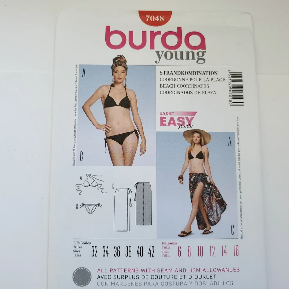 90s Burda Pattern 7048 Women String Bikini Swimsuit Sarong 6 8 10 12 14 16 - Image 2 of 3