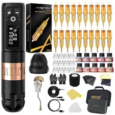 Tattoo Machine Kit Wireless Rotary Pen Gun 20pcs Needles Gold Ambition Soldier