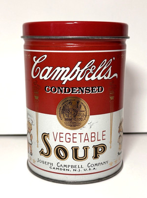 Vintage Campbells Vegetable Soup Tin Can Coin Bank 5in Tall-Very Good Condition