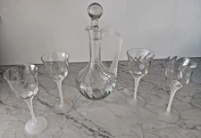 Vintage Crystal Wine Decanter w/ Topper  14" & 4 glasses Frosted Handle & stems