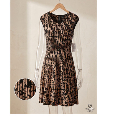 Marccain Abstract Knit Fit & Flare Dress Round Neck Sleeveless 6 Beige/Black
