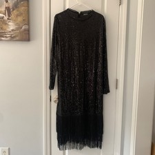 XPLUSWEAR Black Sequin Fringe Midi Dress Long Sleeve Plus Size 2XL Party Gown