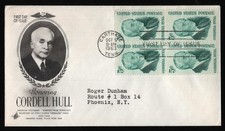 #1235 5c Cordell Hull-Block of 4, Art Craft 2 FDC **ANY 5=FREE SHIPPING**