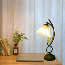 Table Lamp Flower Shape Glass Bedside Desk Light Fixture Green Reading Lamp