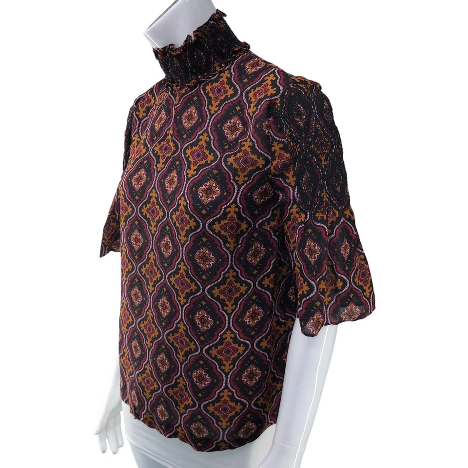 A.L.C. Womens Sz 6 Miranda Top Printed Smocked Collar 100% Silk Blouse Mock Neck - Image 4 of 4