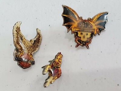 Harley Davidson Pins Lot of 3 , Eagle Skull Horse Vintage Hat Tack