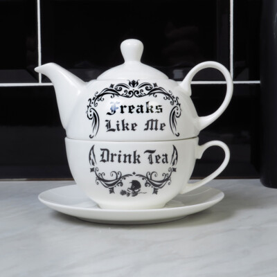 Freaks Like Me Drink Tea For One Set  White Teapot Alchemy Gothic
