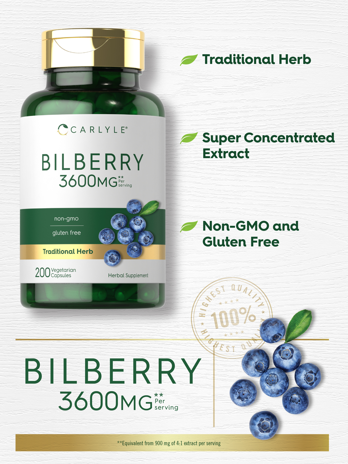 Bilberry Extract Capsules 3600mg 200 Count NonGMO, Gluten Free