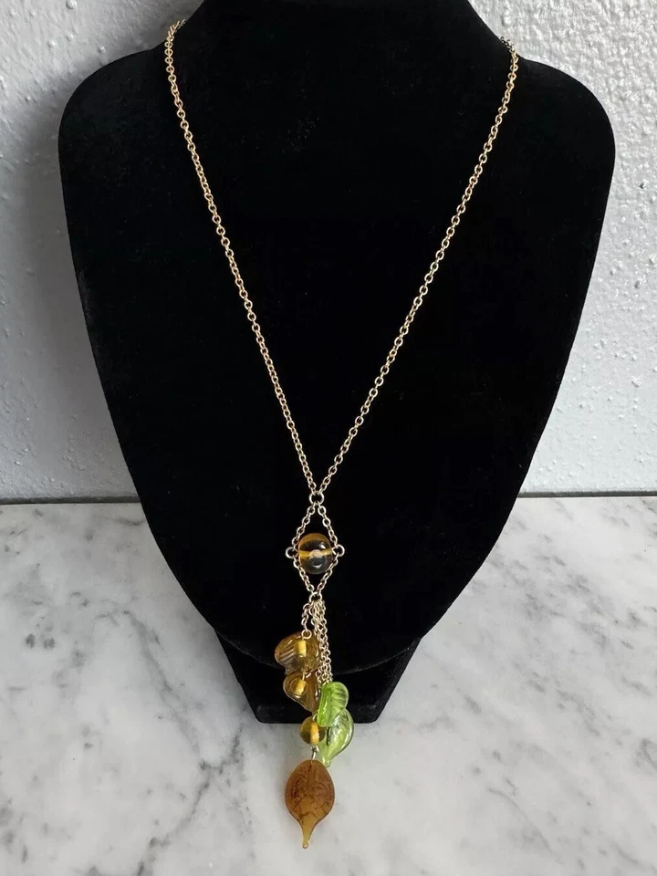 Collar Gargantilla Lariat Hojas Vidrio Marrón/Verde Tono Dorado Cookie Lee 14" Foto 2 de 4