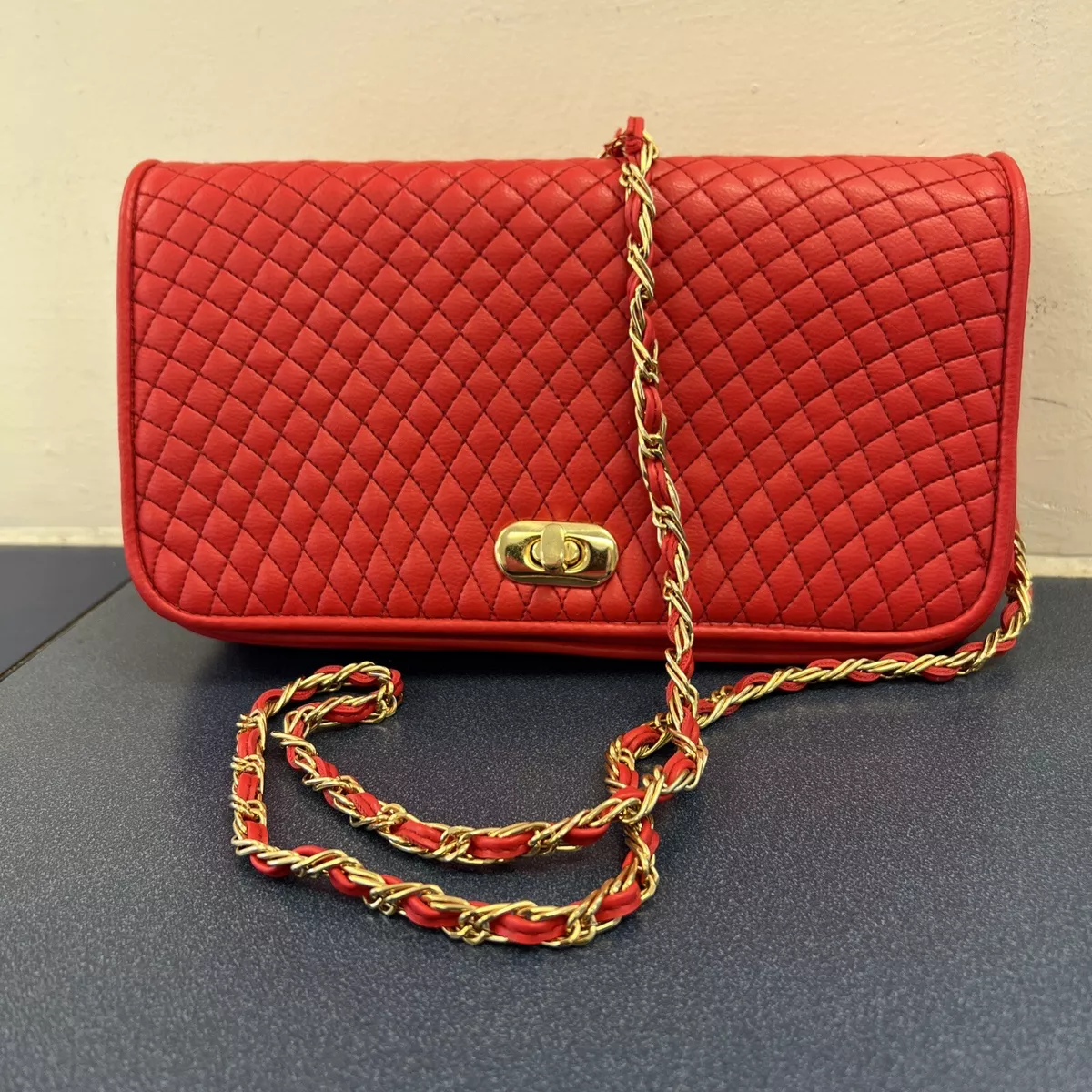 Vintage Red Crossbody Purse with Braided Chain Strap Handbag