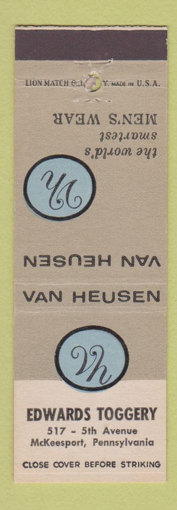 Van Heusen Men's Matchbook Cover from Edwards Toggery McKeesport PA