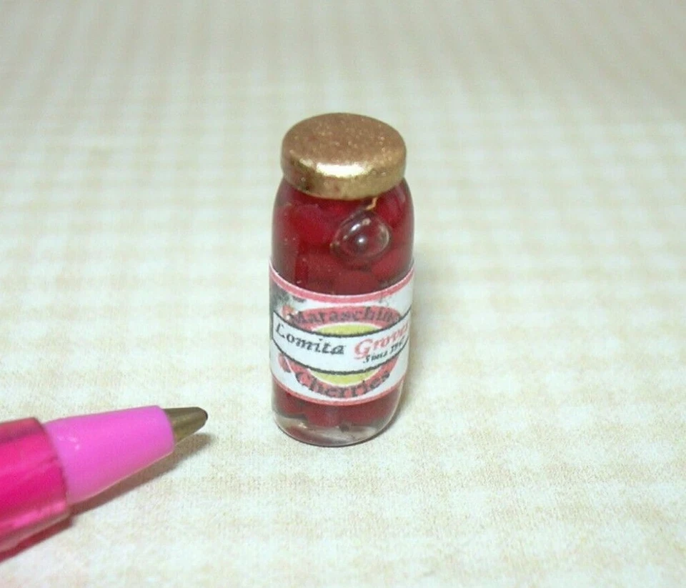 FALCON Miniature Glass Jar of Maraschino Cherries w/Gold Lid: DOLLHOUSE, 1:12