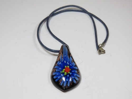 Art Glass Pendant Necklace Sterling Silver 925 Clasp Leather Rope C8891 - Picture 3 of 12