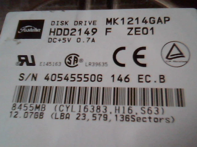 2.5 in Hard Disk Drive IDE Toshiba MK1214GAP HDD2149 F ZE01 - Image 2 of 4