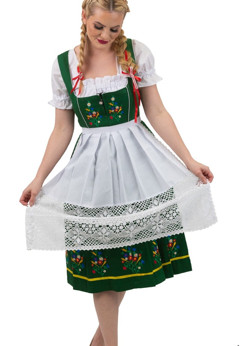 long german dress Green and black dirndl with long skirt, and brown plaid apron