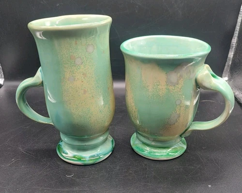SET of 2 Edgecomb Potters Pottery Mugs Signed Blue Green Porcelain Glazed 
