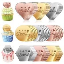 45PCS Happy Birthday Cake Toppers, Mirror Acrylic Cupcake Toppers 3 Multi-sha...