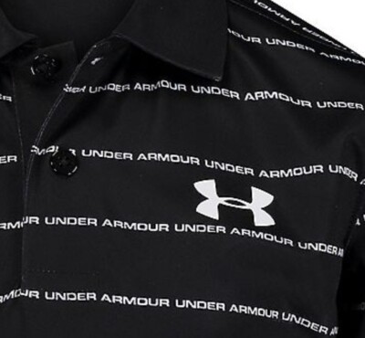 Under Armour black striped wordmark golf polo shirt NWT boys