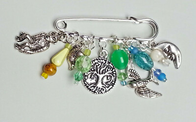 OoaK hand made kilt pin tree of life bird moon fish chimp life on earth & beyond