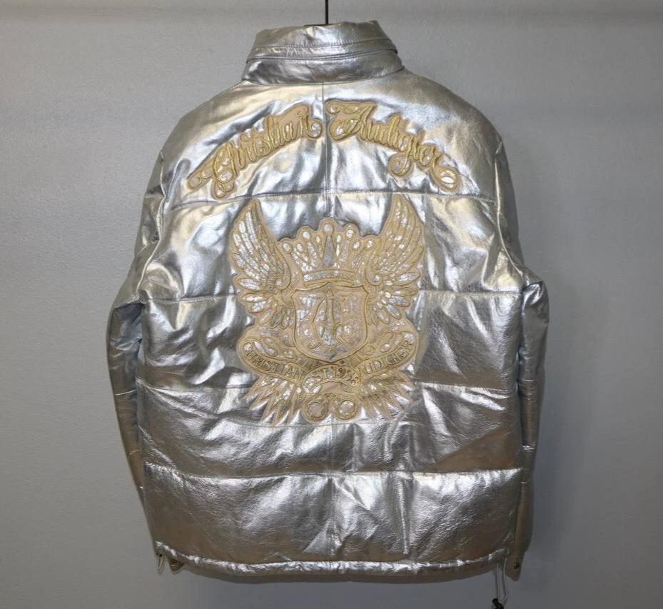 Chaqueta acolchada de cuero metálico Y2K logotipo de águila dorada talla M Christian Audigier de colección Foto 2 de 4