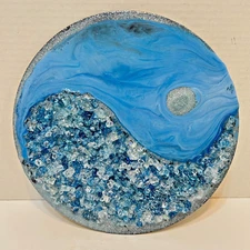 Vintage Handcrafted Blue Resin 3D Art Piece Abstract Sky Ocean Round 10" Hanging