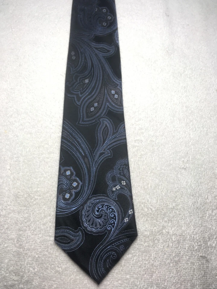 BLACK BROWN MENS TIE BLACK WITH BLUE AND WHITE 3.5 x 61 - Image 2 of 4