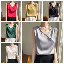 Women Satin Faux Silk V Neck Vest Tank Tops Shirts Shiny Basic Sleeveless Retro