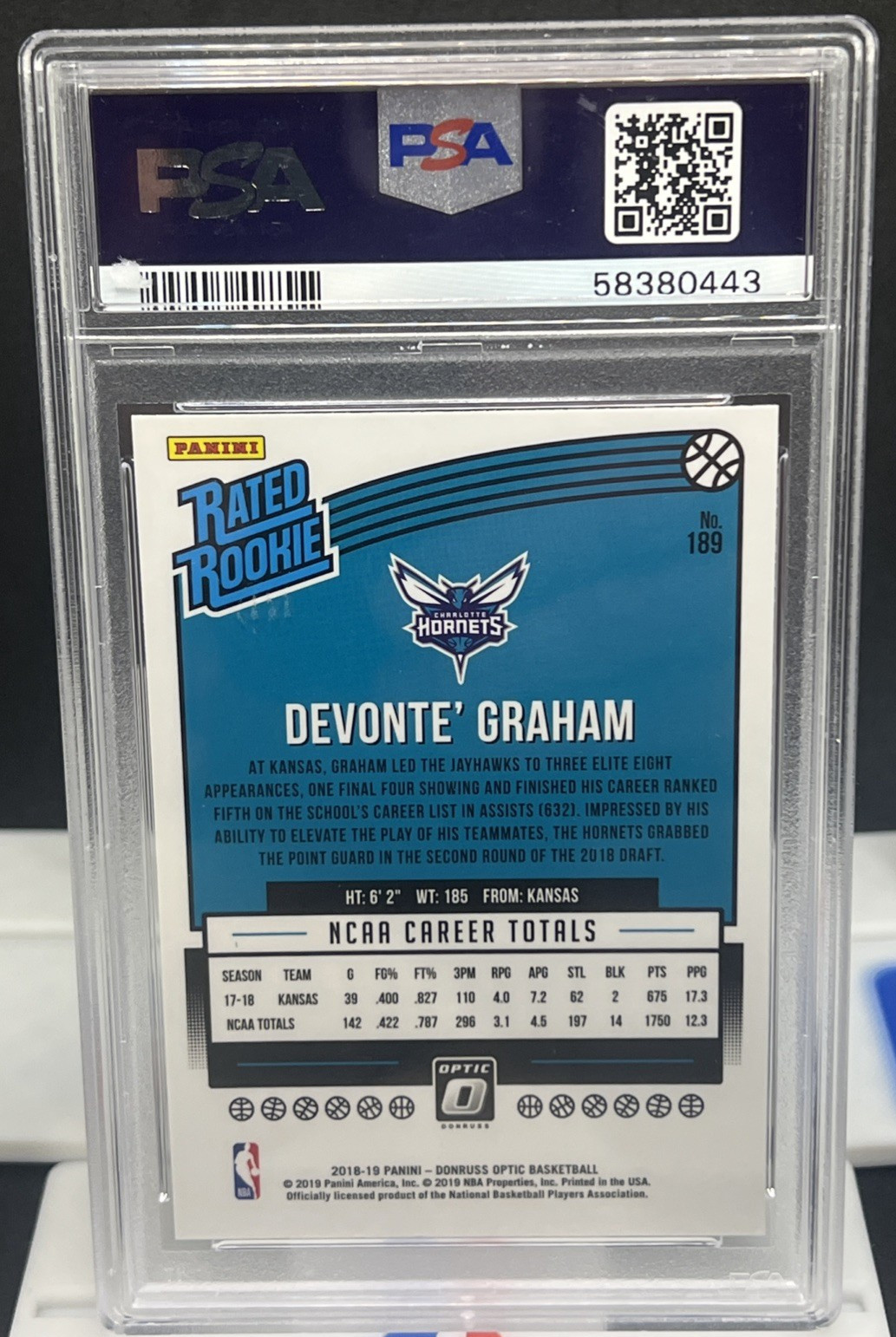 2018-19 Panini Donruss Devonte Graham Rookie RC #189 Hornets PSA 10 GEM MINT view 2