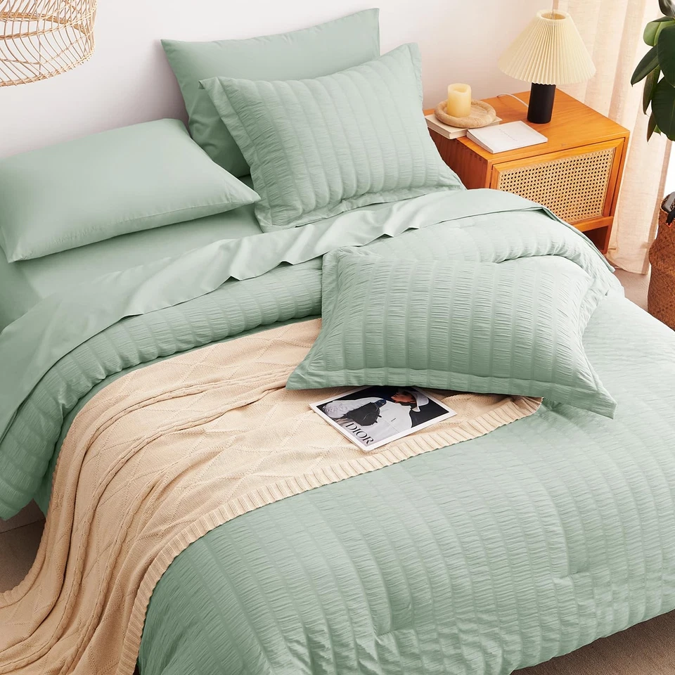 Queen Comforter Set Sage Green Seersucker 7 Pieces Bed in a Bag Queen Comfort... - Image 4 of 4