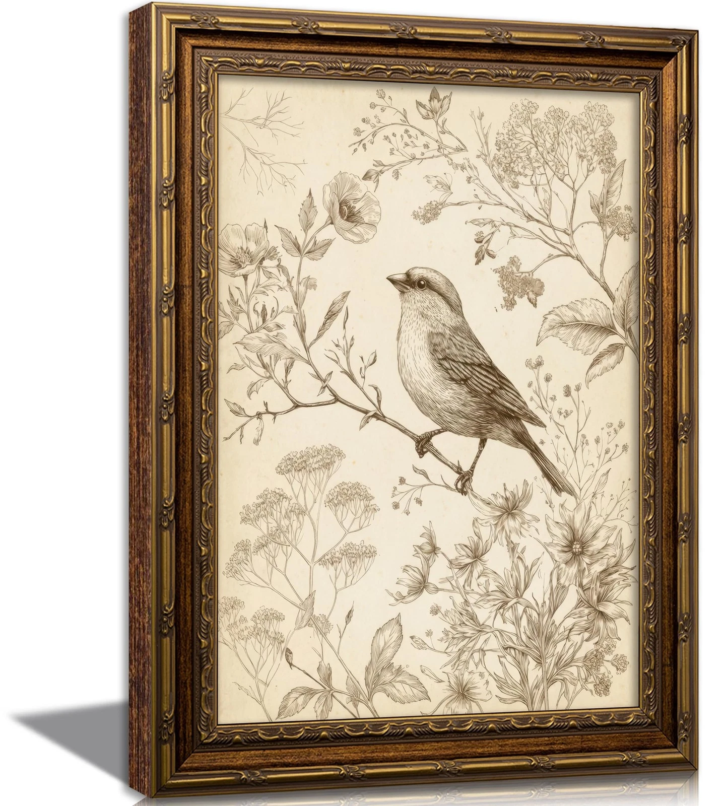 Vintage Gold Framed Bird Canvas Wall Art Retro Farmhouse Sparrow Painting Pic...