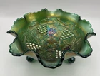 Antique FENTON Green Carnival Glass "Grape & Cable" Ball-Footed Bowl