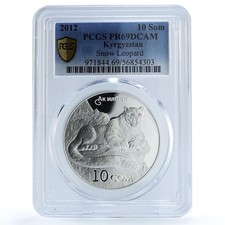 Kirguistán 10 som Leopardo de las Nieves KM-53 Fauna Cat PR 69 PCGS moneda de plata 2012