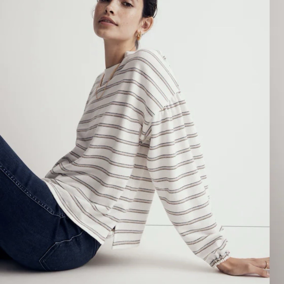 Madewell Cotton-Blend Long-Sleeve Tee in Stripe in Antique Cream Size XXS