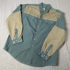 Cabelas Mens XL Green & Tan Canvas Hunting Shooting Long Sleeve Button Down