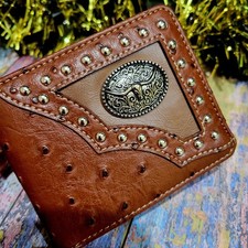 Longhorn Mens Wallet Western Short Bifold Ostrich Brown Studded Faux Leather