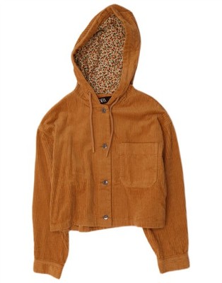 ZARA Damen Oversize Crop Cord Jacke mit Kapuze UK 10 Small Beige Baumwolle AA10