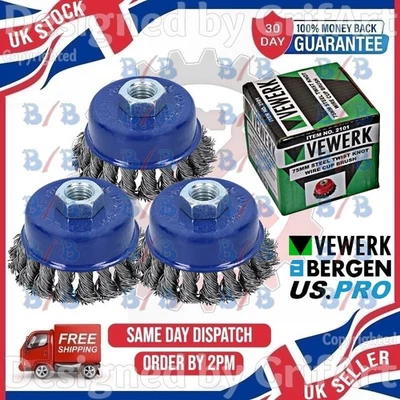 BB USPRO 3PC 75MM TWISTED KNOT WIRE CUP BRUSH SET 115MM ANGLE GRINDER RUST REMOVER