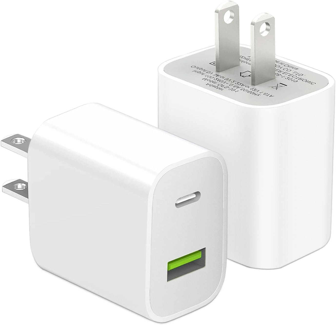 2 Pack Dual Port USB C Fast Charger Block in White