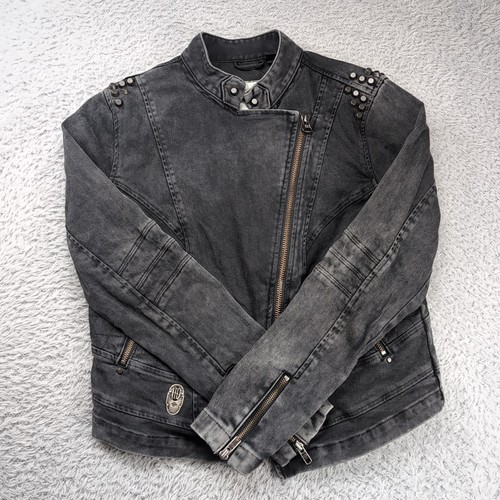 Harley Davidson Women Medium Black Denim Biker Jacket Studded Motorcycle - Picture 2 of 13