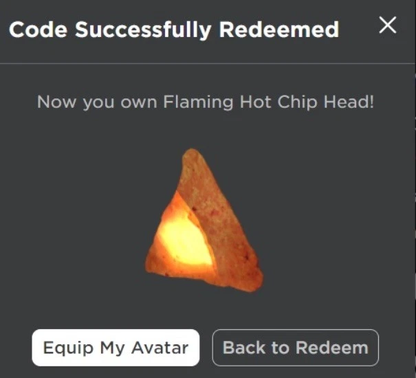 Robl0x | Flaming Hot Chip Head Hat Fire SPECIAL PARTICLE EFFECTS - RARE Toy Code - Image 3 of 3