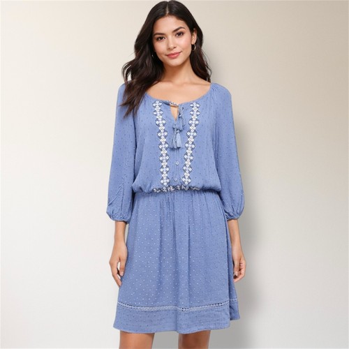 Lucky Brand Blue Embroidered Mini Dress Boho Peasant Spring Wedding Guest