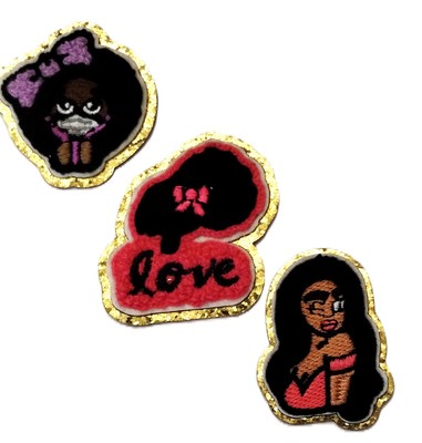 Chenille Patch Set of 3 Iron On Gold   Sparkle Ebony Beauty Love Pink Black Girl